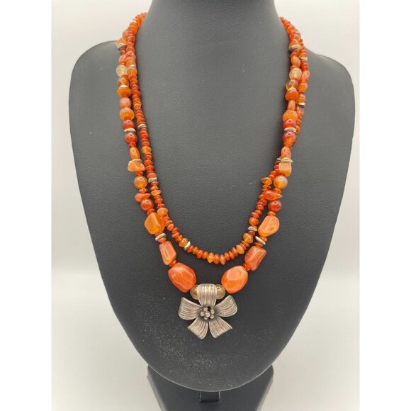 Orange Assorted Shape Beads Necklace Metal Flower Center Pendant 18" - Picture 4 of 6